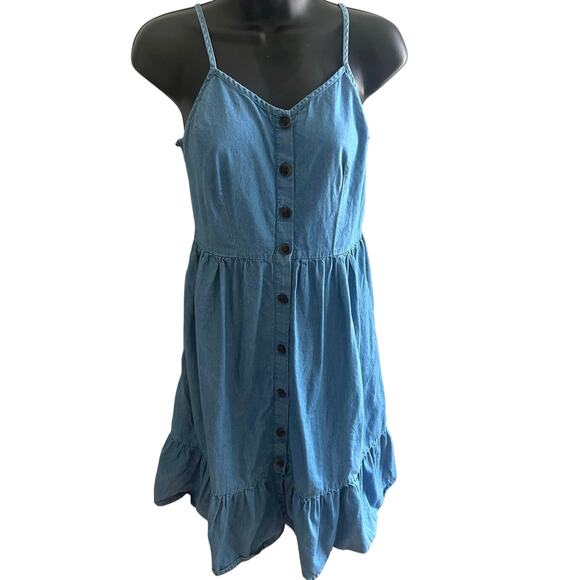 Women Denim Chambray Sundress Western Boho Coastal‎ Button Front Tiered Ruffle S - Picture 1 of 6